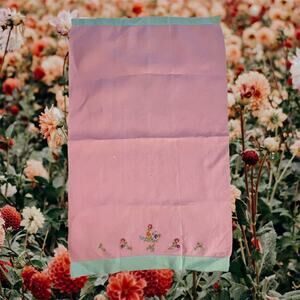 3/$20 VTG Linen Handmade Pink & Green Floral Embroidery Tea Towel READ